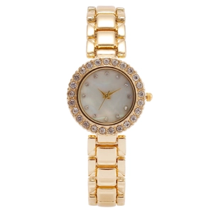Elegante goldene Damenuhr mit diamantbesetzter Lünette und Perlmutt-Zifferblatt