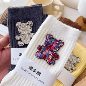 Women Ribbed Cotton Mid-Calf Socks With Rhinestone Bear Decoration Breathable Fashionable Slouchy Style