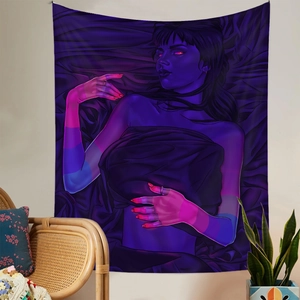 Detail of a surrealist woman wall tapestry with vibrant neon gradients on a modern room wall