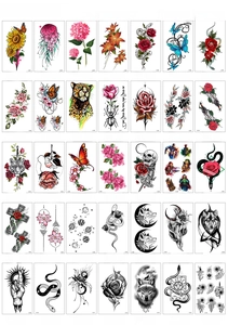 Detailed catalog of 60x105mm waterproof temporary tattoo stickers with floral and animal motifs