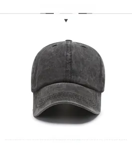 Detailed front view of a dark grey washed denim baseball cap with vintage finish