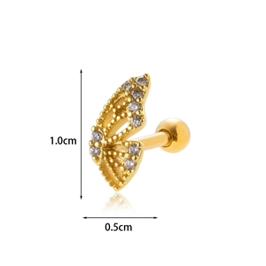 Gold butterfly stud earrings with sparkling zirconia stones and screw back flat post