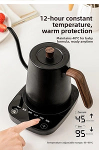 Detail of temperature control base on matte black gooseneck kettle with wood grain handle