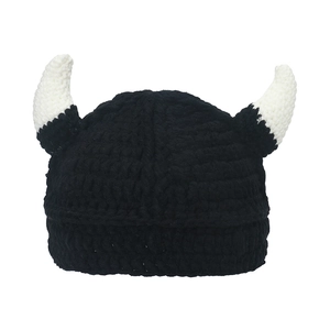 Funny handmade black knitted beanie with 3D white bull horns for men and women