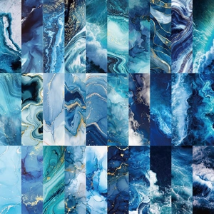Detail showing 30 distinct blue ocean marble textures for DIY scrapbooking and bookmarks