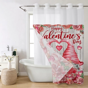 Waterproof waffle shower curtain with Valentine's Day gnome and red rose floral prints