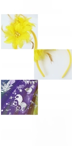 Detail of carnival headband with yellow flowers and high-density purple mesh tulle skirt
