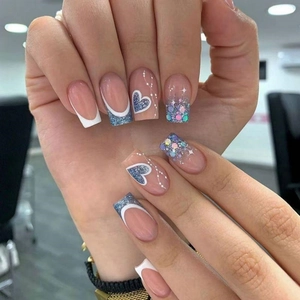 Press On Nails French Blue Glitter Heart Long Coffin Shape Acrylic Fake Nails With Jelly Glue For Women