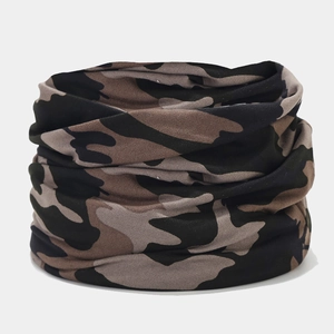Close-up of a versatile camouflage neck gaiter made of breathable brown and black fabric