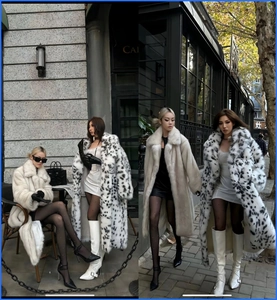 Detailed view of women's leopard print faux fox fur coat with an elegant notch lapel