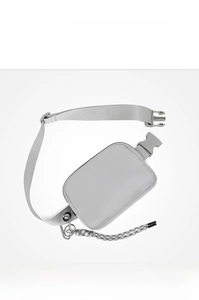 Detailed flat view showing light grey waterproof nylon waist bag and durable plastic buckle