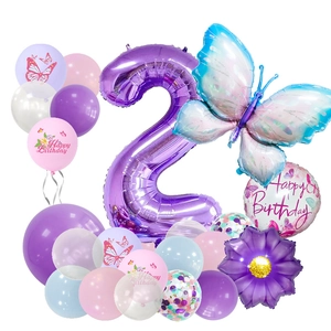Butterfly 2nd birthday balloon set with purple number 2 and colorful gradient foil balloons