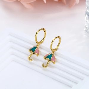 Creative S925 silver umbrella drop earrings with pink and green enamel in gold finish