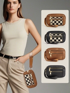 Detailed view of the double zipper wristlet bag in four stylish color variations