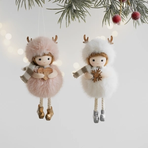 Detail of plush Christmas angel ornaments with faux fur bodies and wooden accents