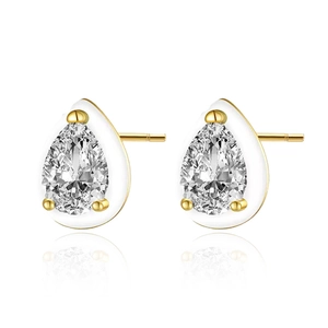 Detail of pear-shaped cubic zirconia stud earrings with white enamel and gold finish