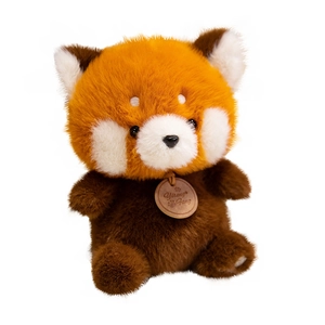 Cute red panda plush toy in sitting pose with soft orange fur and brand tag on white background