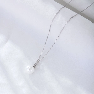 Elegant S925 sterling silver necklace with a round white pearl pendant and tiny diamonds