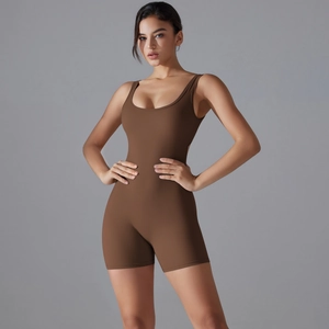Close-up of seamless brown yoga bodysuit with deep round neck and sculpted waistline