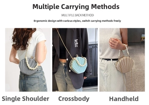 Niche shell bag shown in three ways: crossbody, shoulder, and handheld with pearl chain