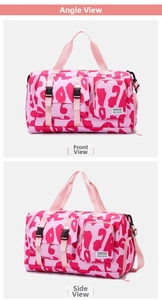 Detailed views showing front and side of pink leopard print nylon gym travel bag