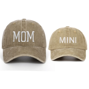 Detailed view of sand washed cotton MOM and MINI embroidered parent-child baseball caps