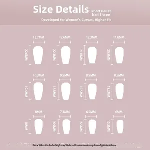 Size chart for French gold foil plaid press-on nails featuring 12 sizes of short ballet tips