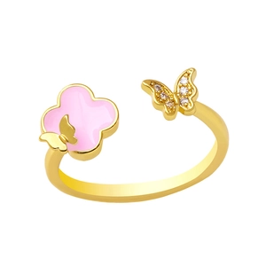Detail von 18K Gold Schmetterling Kleeblatt Ring mit rosa Emaille und Zirkonia Akzenten