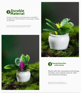Macro view of miniature dollhouse plants with flexible stems and white ceramic pots