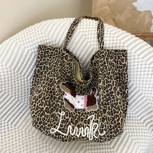 Leopard print canvas tote bag with puppy embroidery and comfortable shoulder strap