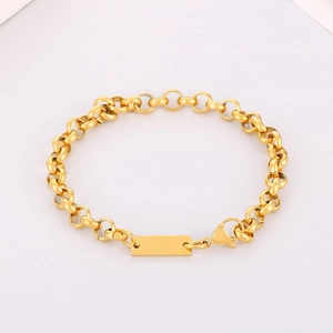 Polished gold stainless steel link chain with a blank rectangular DIY metal tag
