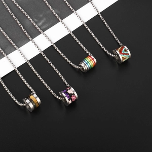 Five styles of titanium steel necklaces with Roman numeral cylinders and enamel beads