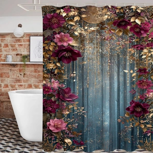 Detail of floral shower curtain with golden leaf accents in a modern bathroom setting