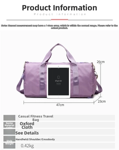 Size diagram showing travel bag dimensions 47x26x23cm and oxford fabric specifications
