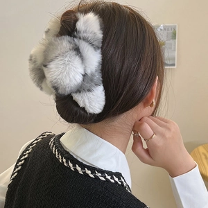 Faux rabbit fur oversized claw clip with black and white pattern for women hair styling