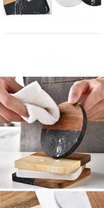 Macro view of seamless marble and acacia wood coaster with food-grade surface texture