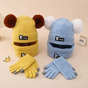 Winter 3-piece knitted set for kids including double pompom hat, scarf and touch gloves