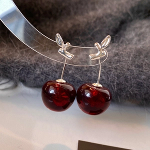 Cherry Pendant Earrings Resin Red Fruit Shape With Silver Earring Post Sweet Elegant Fashion Jewelry For Women