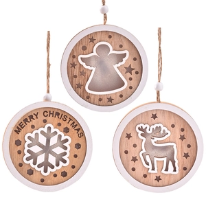 Three circular wooden Christmas ornaments with snowflake and reindeer designs on white background