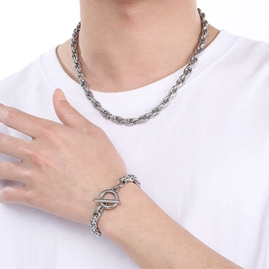 Detail of titanium steel twisted rope chain necklace and toggle clasp bracelet set