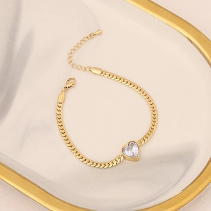 Chic gold-plated stainless steel cuban chain bracelet featuring a heart zircon stone charm