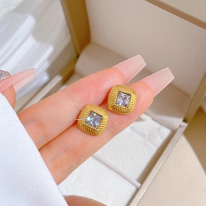 Minimalist titanium steel square zircon earrings with vintage gold textured frames