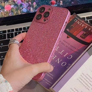 Glittery rose pink leather case for iPhone with lens protection and sparkly diamond texture