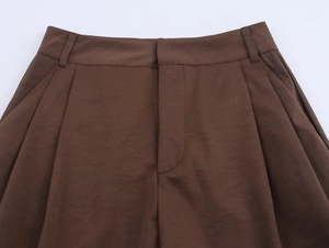 Macro view of dark brown high-waisted pleated pants with belt loops and front fly detail