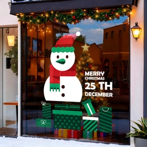 Christmas window stickers with snowman and Merry Christmas text on store glass displays