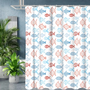 Waterproof shower curtain with cartoon fish pattern hanging on a silver bathroom rod