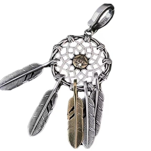 Minimalist S925 silver dreamcatcher pendant with golden feather accents and sun detail