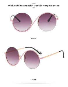 Detailed front and side views of round pink-gold metal frames with purple gradient lenses