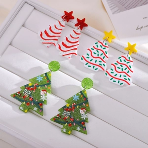Three-pair set of festive Christmas tree acrylic earrings with star and glitter details