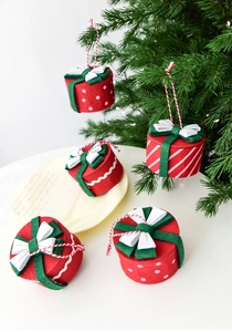 Mini felt Christmas gift box ornaments with colorful stripes and dots for tree hanging decor